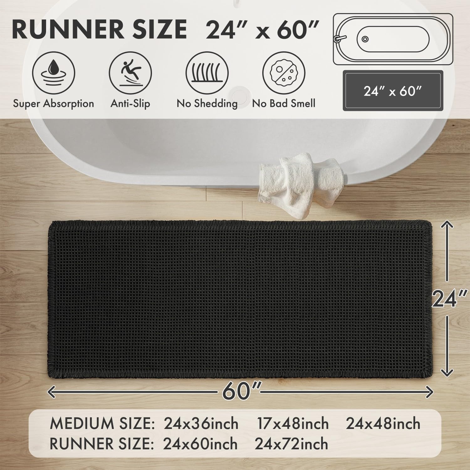 image:imageMIULEE Waffle Bathroom Runner Rugs Boho Large Bath Mat 2x524x60 Green Super Absorbent Non Slip Upgraded Soft Quick Dry Washable Bath Rug with Tassels for Hallway Laundry Room BedroomBlack