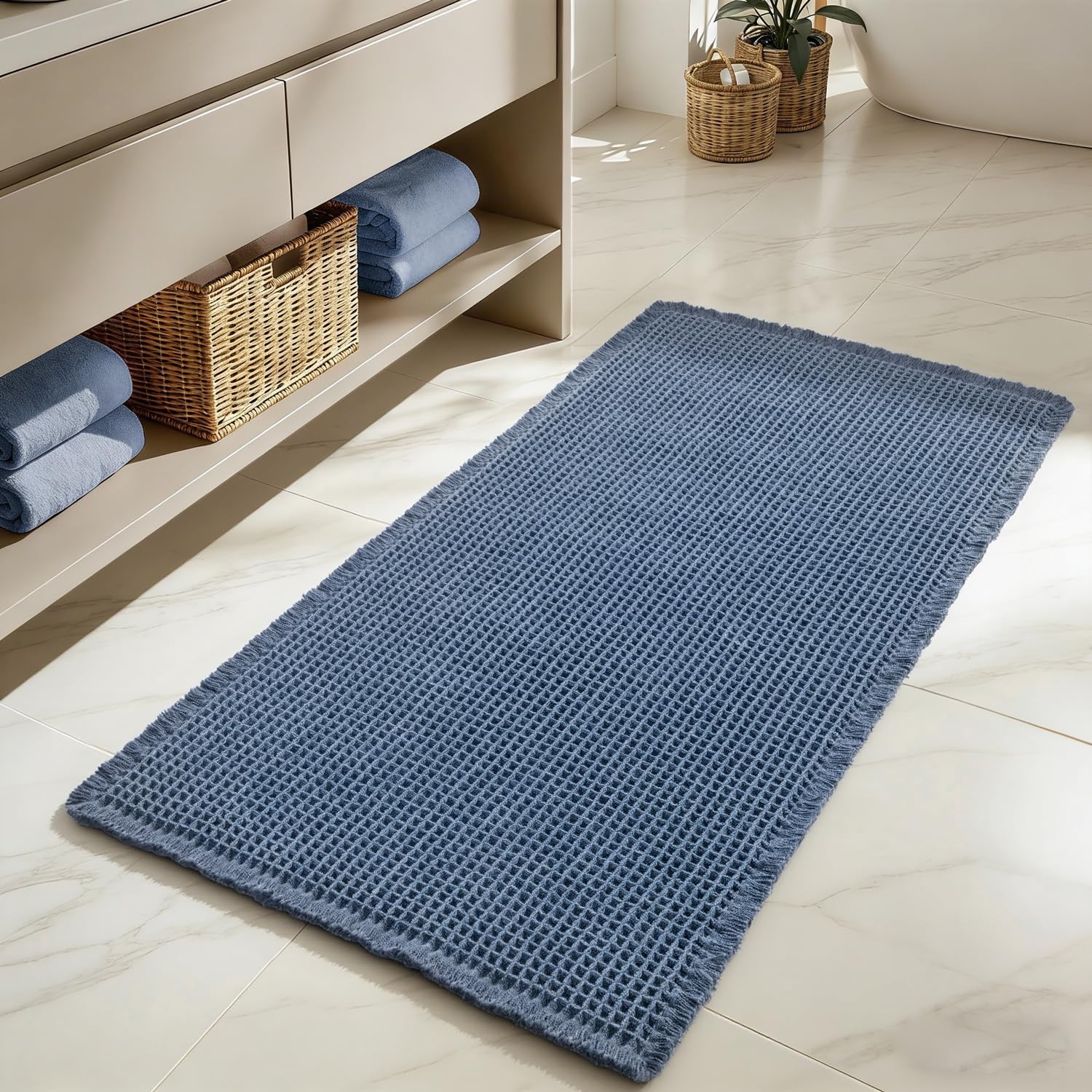 image:imageMIULEE Waffle Bathroom Runner Rugs Boho Large Bath Mat 2x524x60 Green Super Absorbent Non Slip Upgraded Soft Quick Dry Washable Bath Rug with Tassels for Hallway Laundry Room BedroomBlue