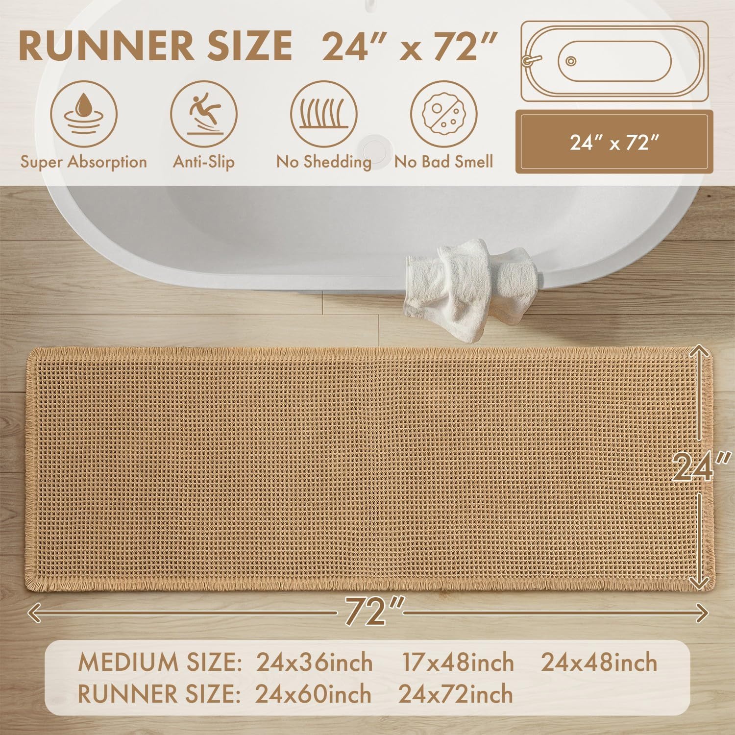 image:imageMIULEE Waffle Bathroom Runner Rugs Boho Large Bath Mat 2x524x60 Green Super Absorbent Non Slip Upgraded Soft Quick Dry Washable Bath Rug with Tassels for Hallway Laundry Room BedroomBrown