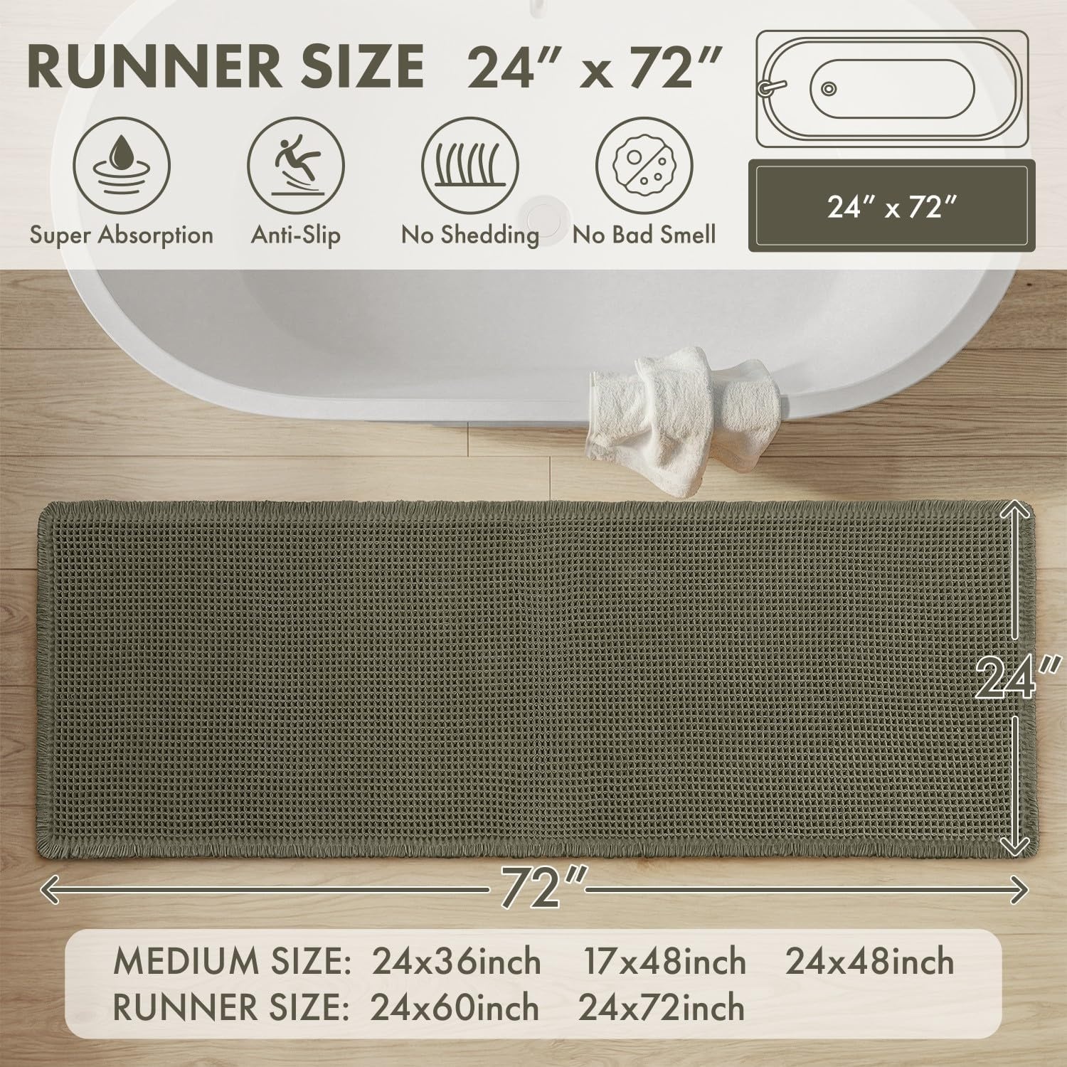 image:imageMIULEE Waffle Bathroom Runner Rugs Boho Large Bath Mat 2x524x60 Green Super Absorbent Non Slip Upgraded Soft Quick Dry Washable Bath Rug with Tassels for Hallway Laundry Room BedroomGreen