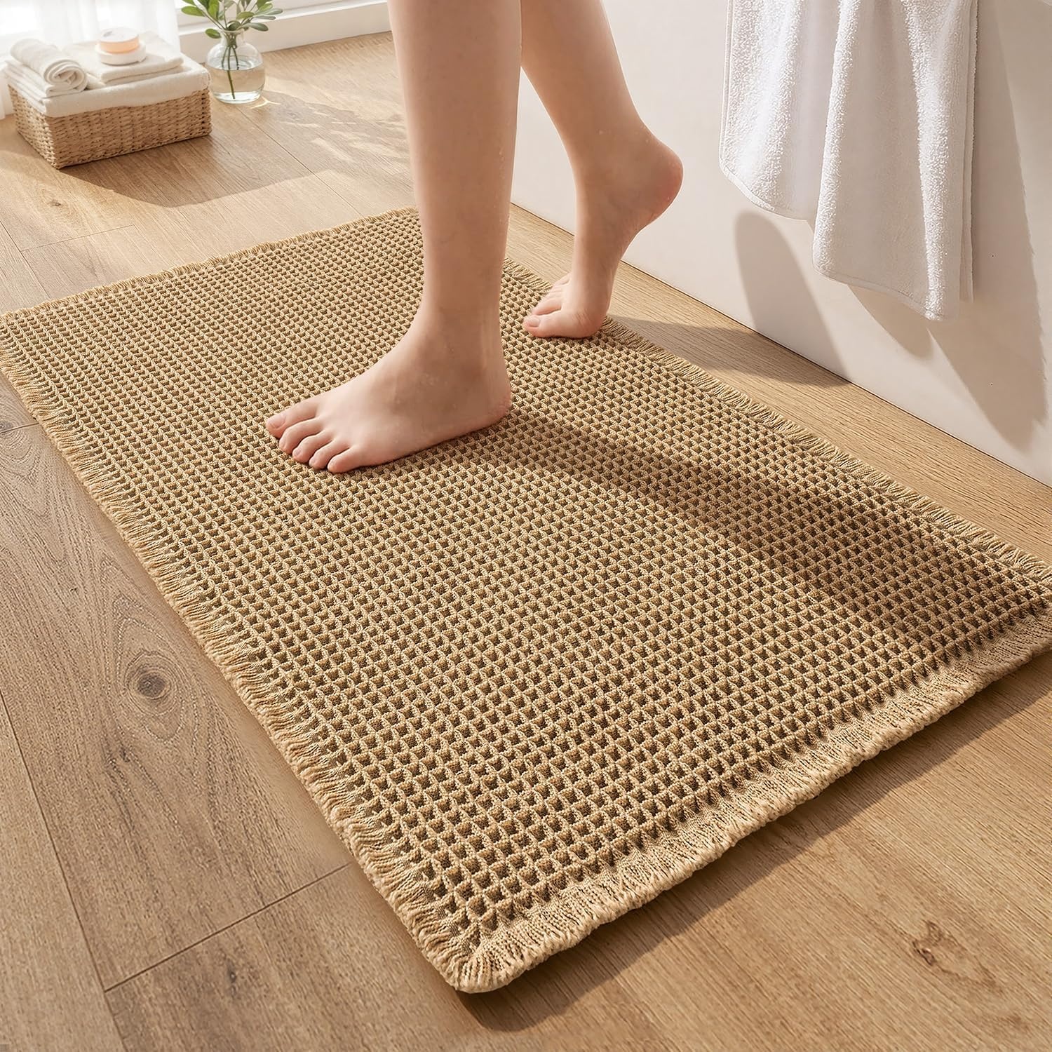 image:imageMIULEE Waffle Bathroom Runner Rugs Boho Large Bath Mat 2x524x60 Green Super Absorbent Non Slip Upgraded Soft Quick Dry Washable Bath Rug with Tassels for Hallway Laundry Room BedroomBrown