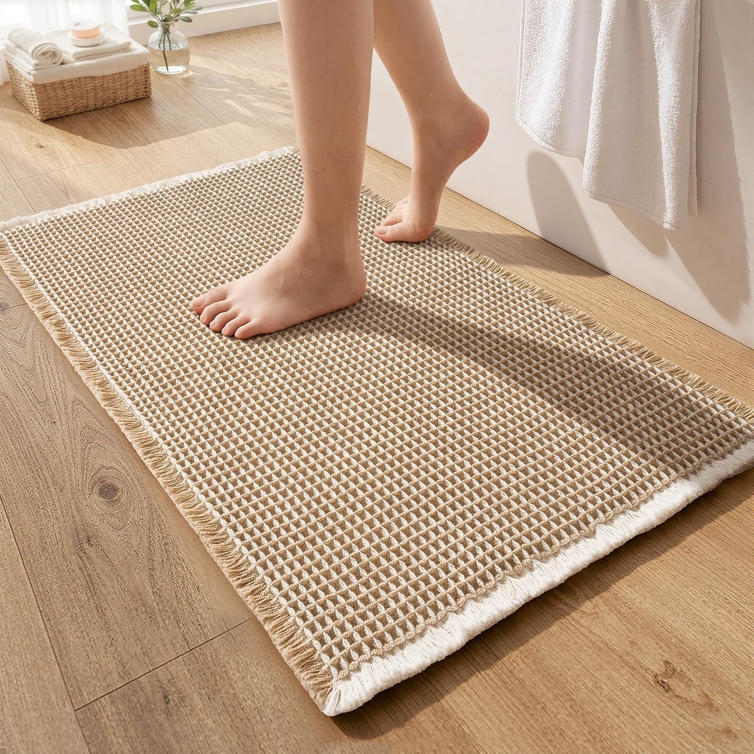 image:imageMIULEE Waffle Bathroom Runner Rugs Boho Large Bath Mat 2x524x60 Green Super Absorbent Non Slip Upgraded Soft Quick Dry Washable Bath Rug with Tassels for Hallway Laundry Room BedroomBrown White