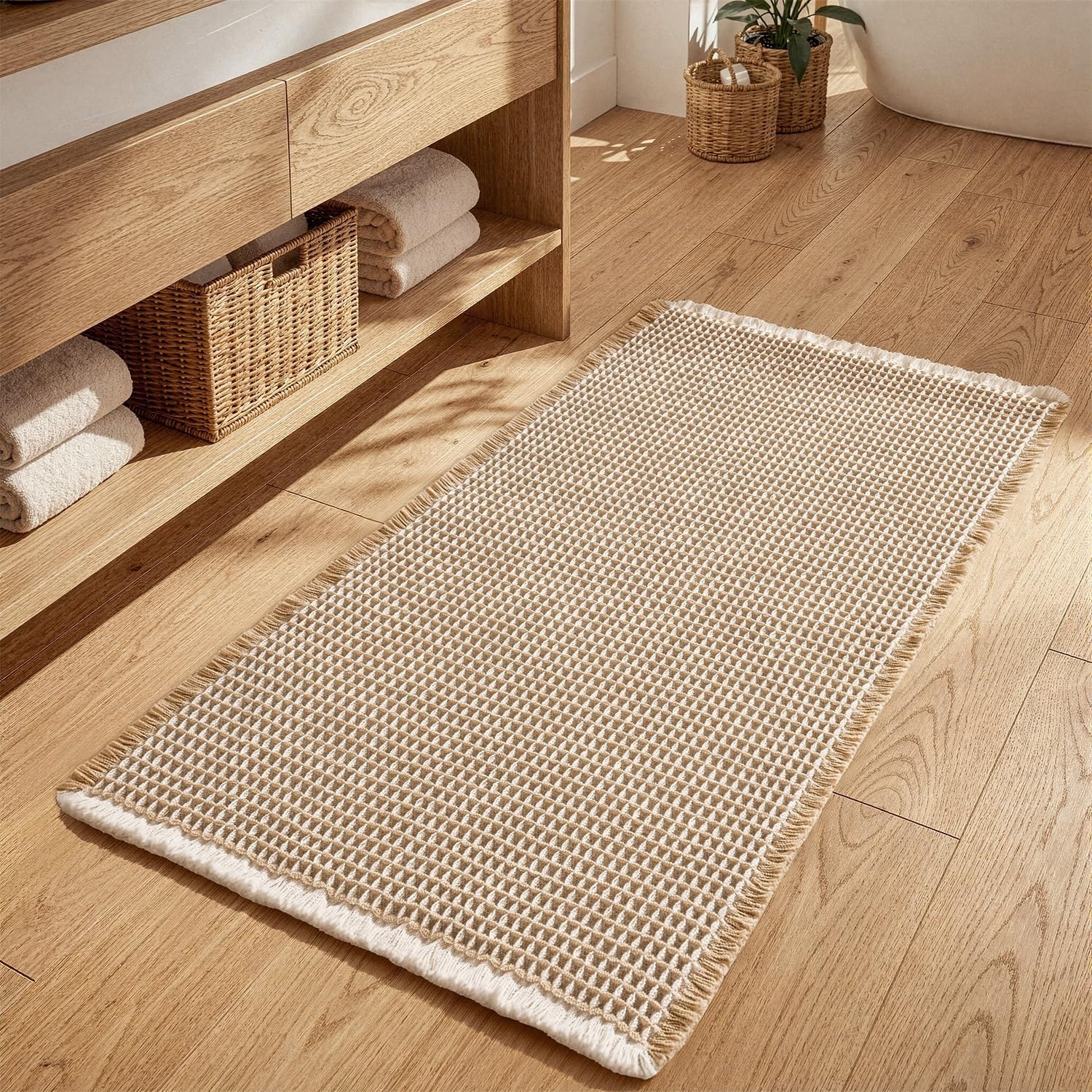 image:imageMIULEE Waffle Bathroom Runner Rugs Boho Large Bath Mat 2x524x60 Green Super Absorbent Non Slip Upgraded Soft Quick Dry Washable Bath Rug with Tassels for Hallway Laundry Room BedroomBrown White