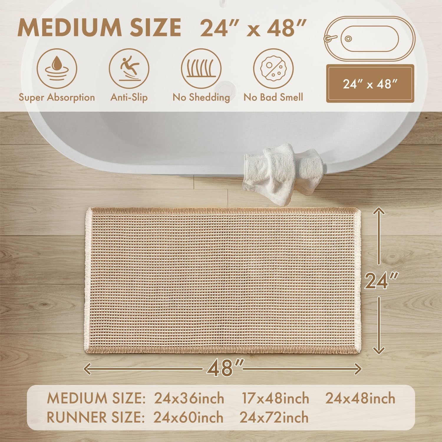 image:imageMIULEE Waffle Bathroom Runner Rugs Boho Large Bath Mat 2x524x60 Green Super Absorbent Non Slip Upgraded Soft Quick Dry Washable Bath Rug with Tassels for Hallway Laundry Room BedroomBrown White