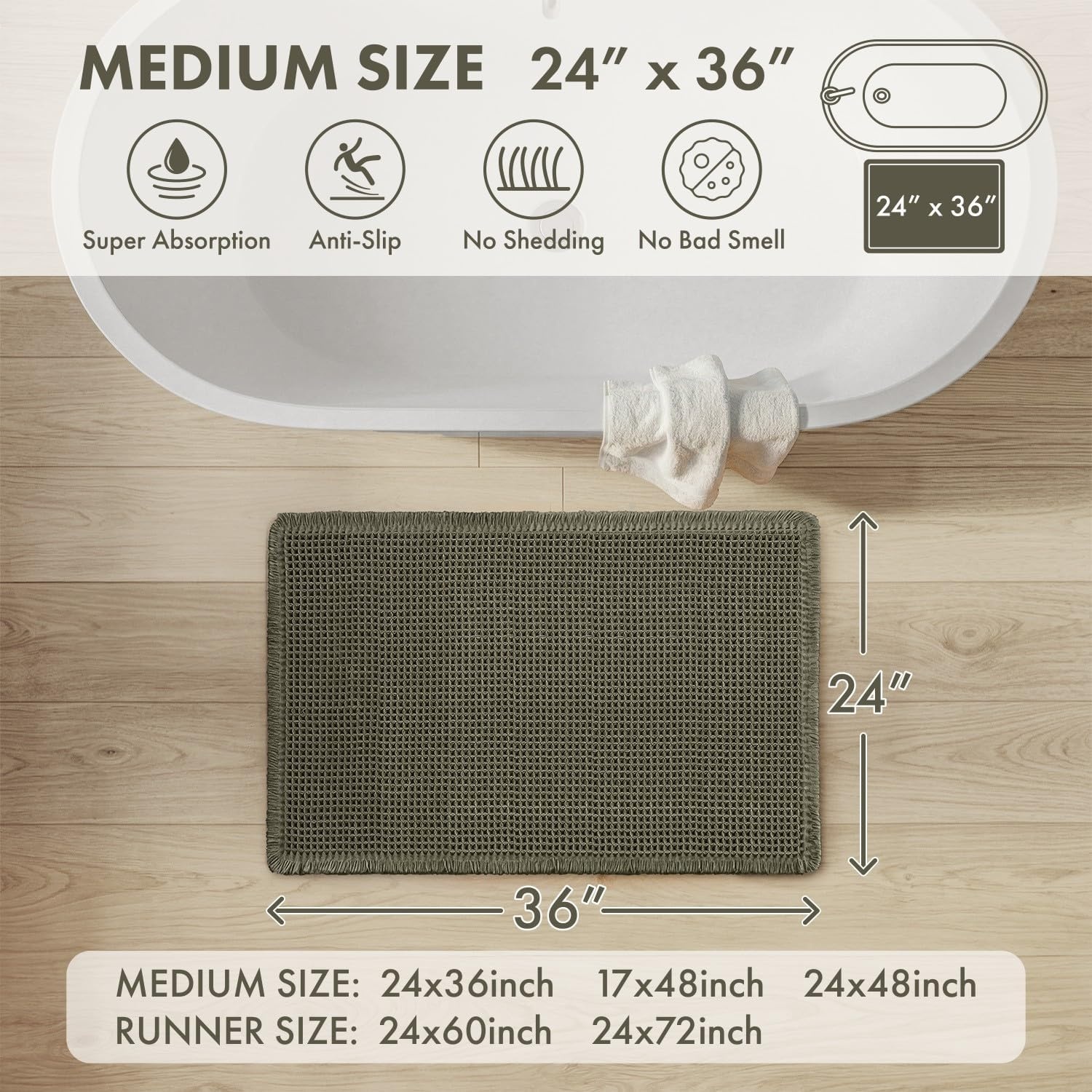image:imageMIULEE Waffle Bathroom Runner Rugs Boho Large Bath Mat 2x524x60 Green Super Absorbent Non Slip Upgraded Soft Quick Dry Washable Bath Rug with Tassels for Hallway Laundry Room BedroomGreen