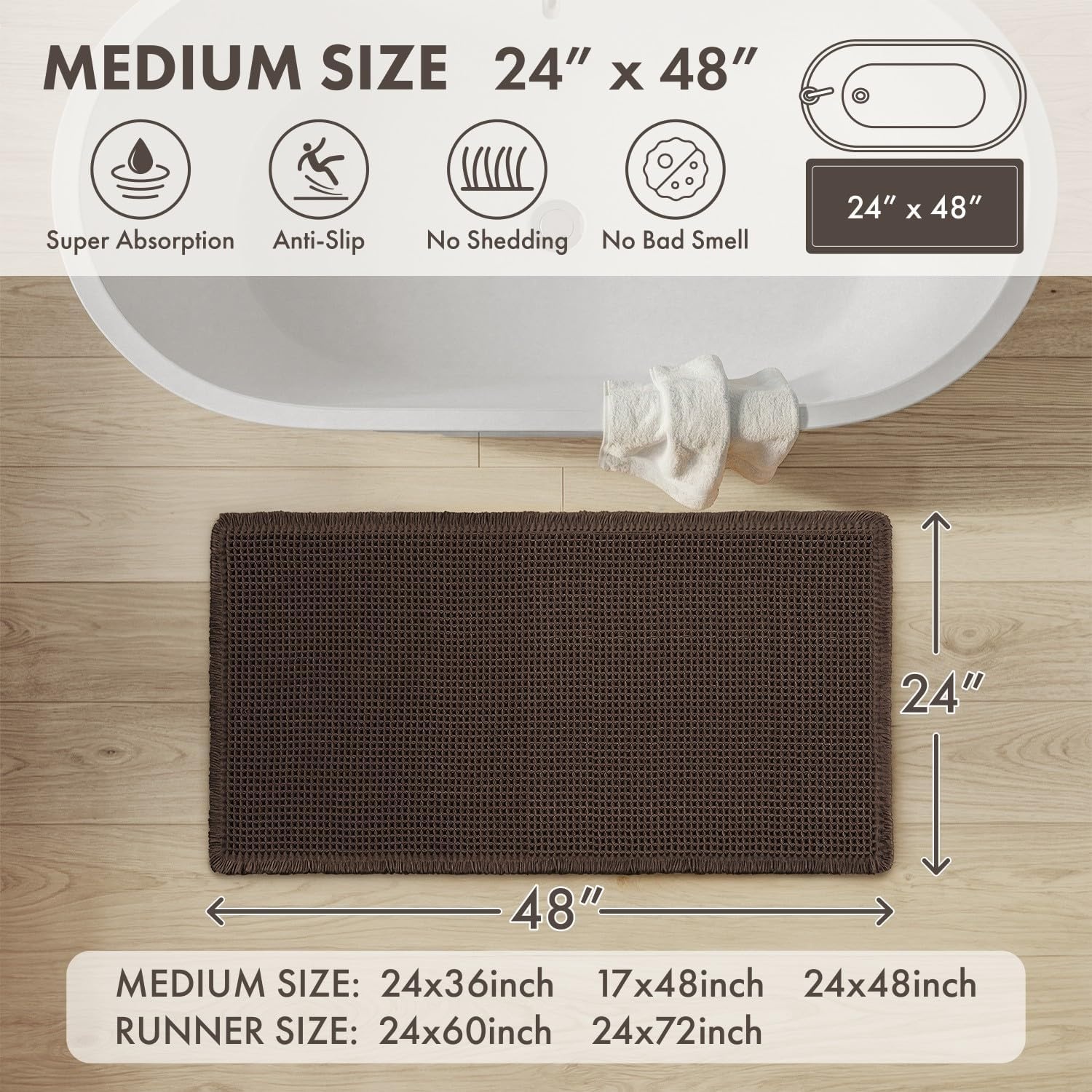 image:imageMIULEE Waffle Bathroom Runner Rugs Boho Large Bath Mat 2x524x60 Green Super Absorbent Non Slip Upgraded Soft Quick Dry Washable Bath Rug with Tassels for Hallway Laundry Room BedroomChocolate