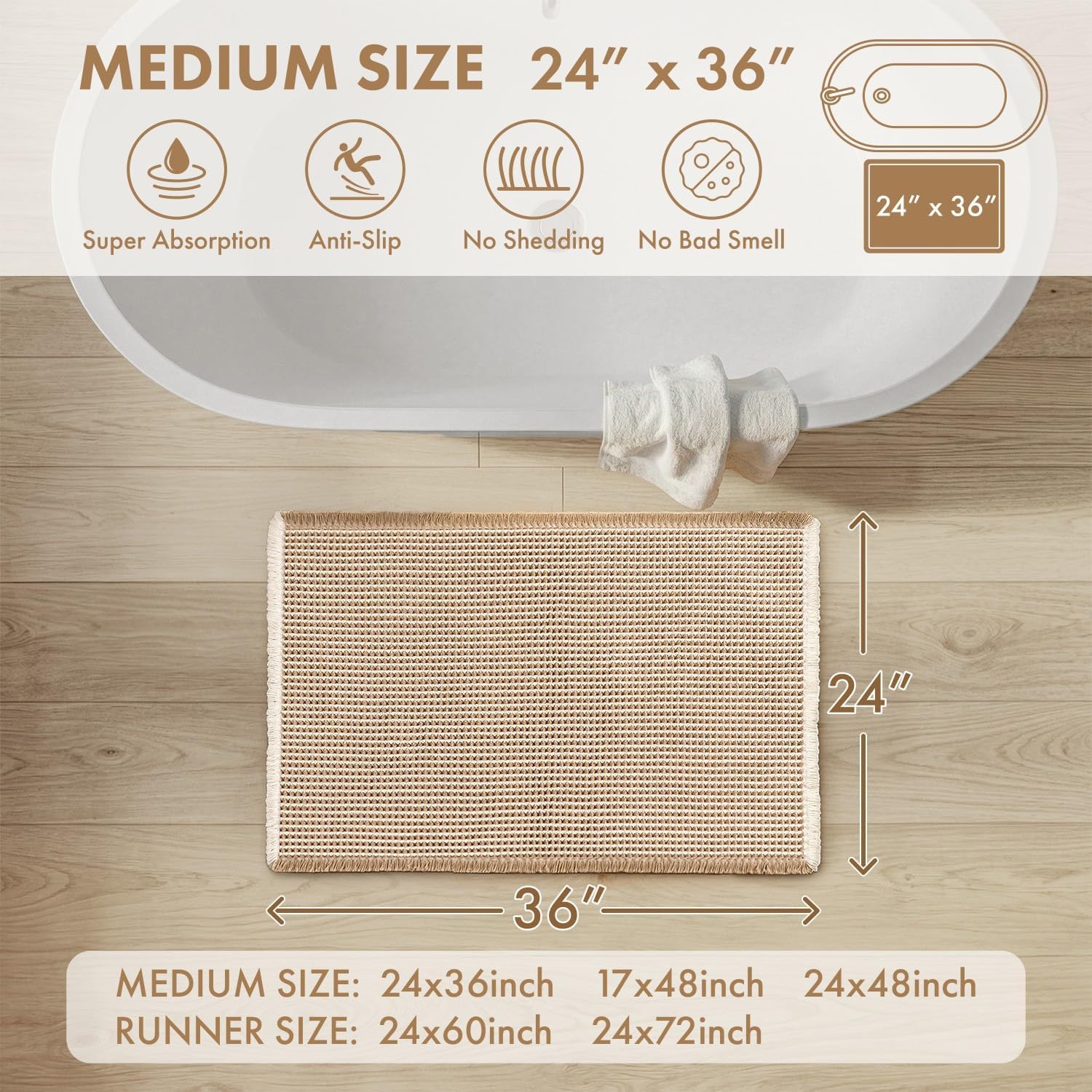 image:imageMIULEE Waffle Bathroom Runner Rugs Boho Large Bath Mat 2x524x60 Green Super Absorbent Non Slip Upgraded Soft Quick Dry Washable Bath Rug with Tassels for Hallway Laundry Room BedroomBrown White