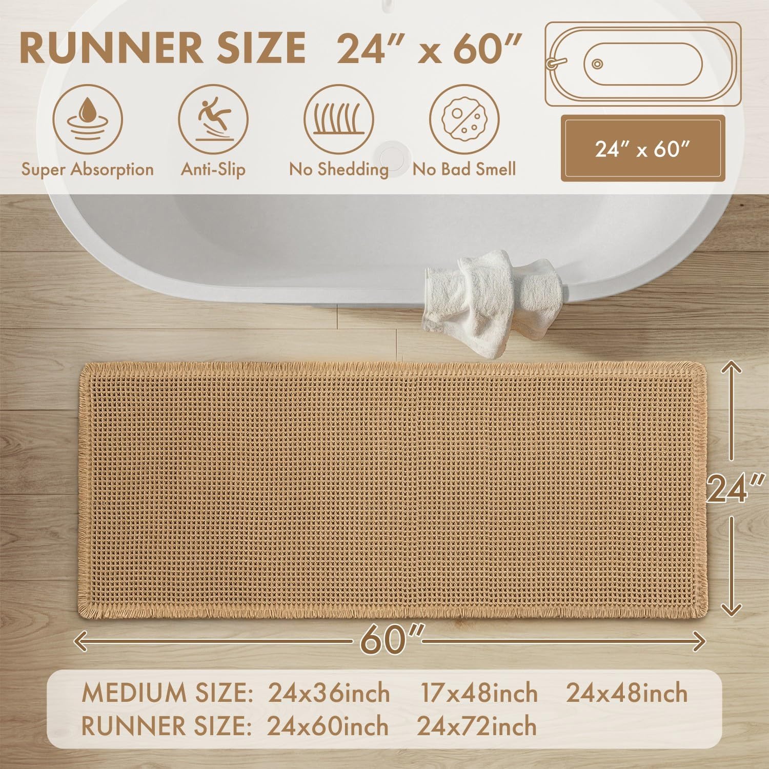 image:imageMIULEE Waffle Bathroom Runner Rugs Boho Large Bath Mat 2x524x60 Green Super Absorbent Non Slip Upgraded Soft Quick Dry Washable Bath Rug with Tassels for Hallway Laundry Room BedroomBrown