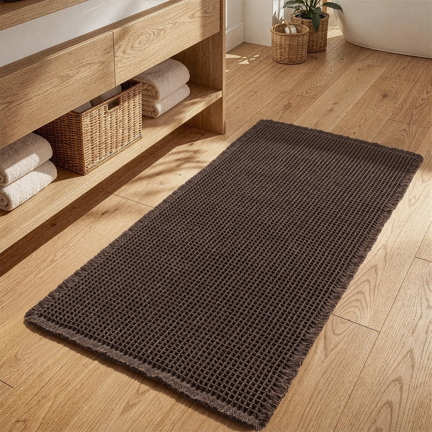 image:imageMIULEE Waffle Bathroom Runner Rugs Boho Large Bath Mat 2x524x60 Green Super Absorbent Non Slip Upgraded Soft Quick Dry Washable Bath Rug with Tassels for Hallway Laundry Room BedroomChocolate