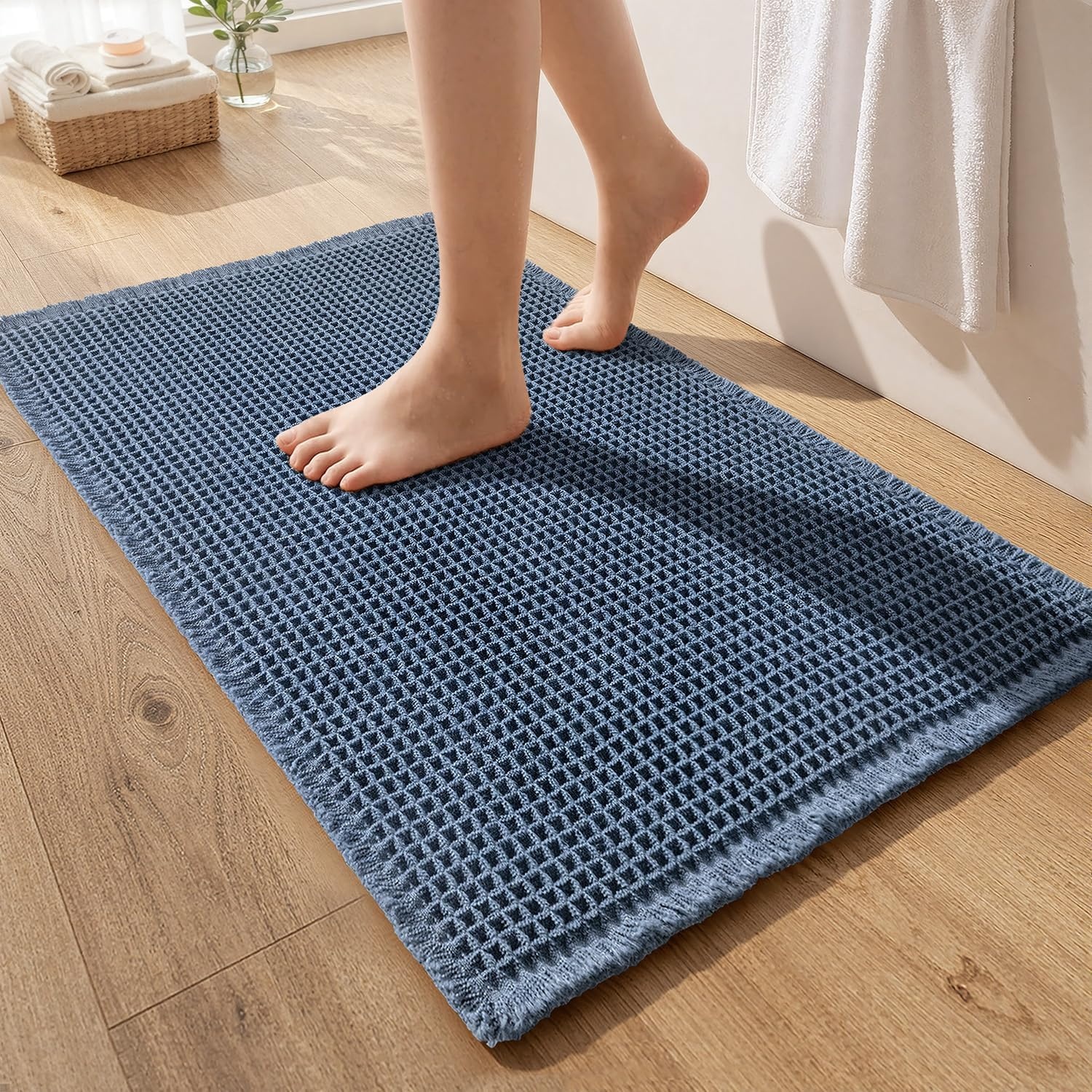 image:imageMIULEE Waffle Bathroom Runner Rugs Boho Large Bath Mat 2x524x60 Green Super Absorbent Non Slip Upgraded Soft Quick Dry Washable Bath Rug with Tassels for Hallway Laundry Room BedroomBlue