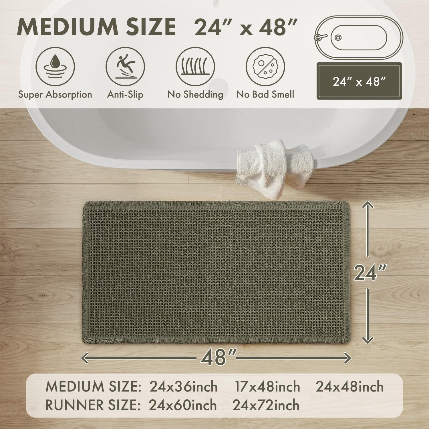 image:imageMIULEE Waffle Bathroom Runner Rugs Boho Large Bath Mat 2x524x60 Green Super Absorbent Non Slip Upgraded Soft Quick Dry Washable Bath Rug with Tassels for Hallway Laundry Room BedroomGreen