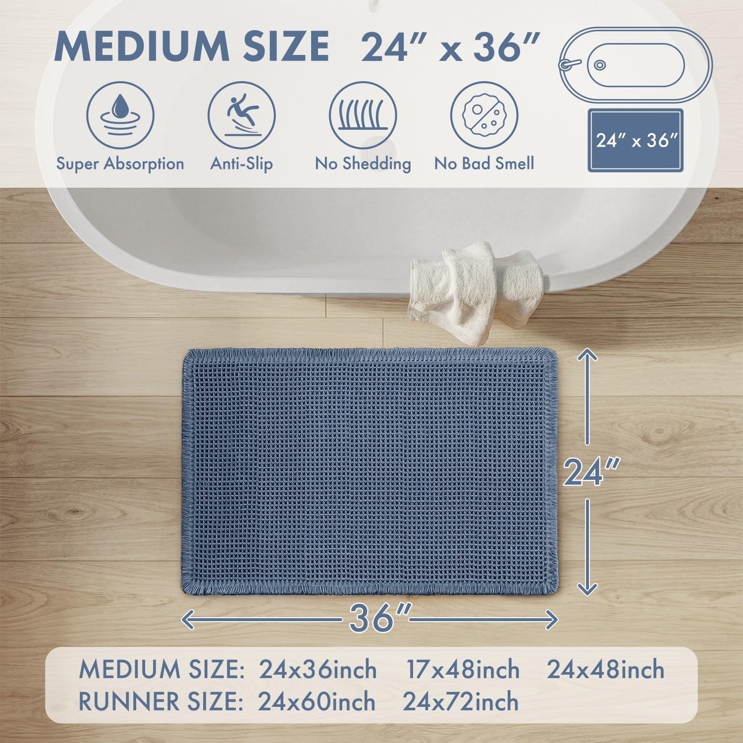 image:imageMIULEE Waffle Bathroom Runner Rugs Boho Large Bath Mat 2x524x60 Green Super Absorbent Non Slip Upgraded Soft Quick Dry Washable Bath Rug with Tassels for Hallway Laundry Room BedroomBlue