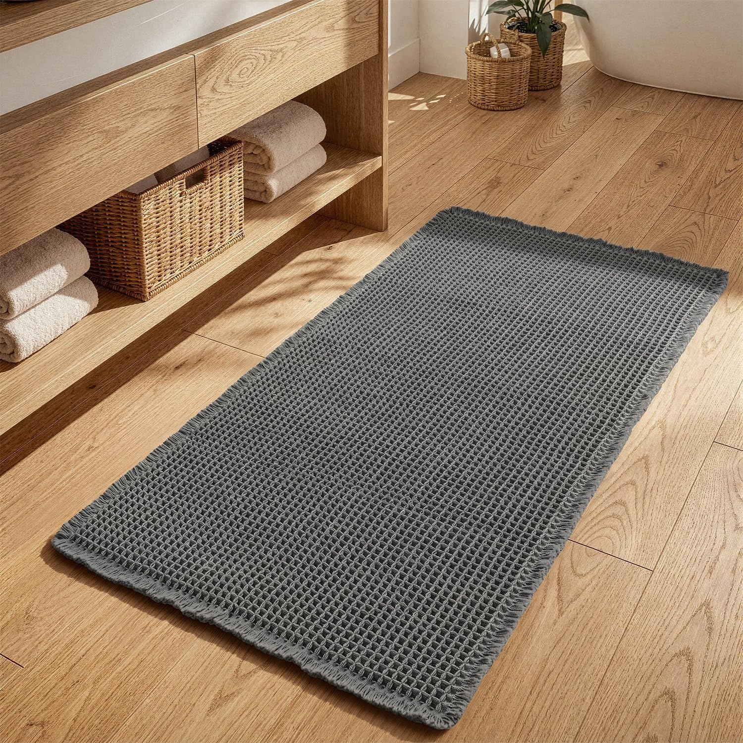 image:imageMIULEE Waffle Bathroom Runner Rugs Boho Large Bath Mat 2x524x60 Green Super Absorbent Non Slip Upgraded Soft Quick Dry Washable Bath Rug with Tassels for Hallway Laundry Room BedroomDark Grey
