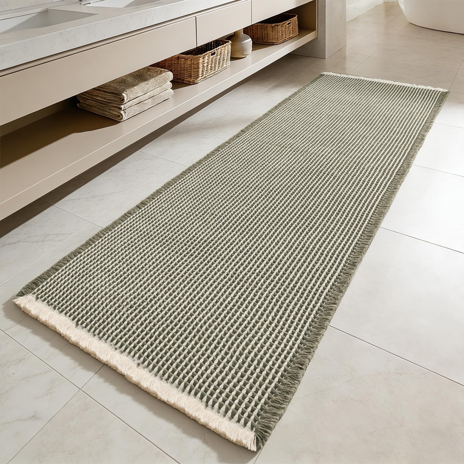 image:imageMIULEE Waffle Bathroom Runner Rugs Boho Large Bath Mat 2x524x60 Green Super Absorbent Non Slip Upgraded Soft Quick Dry Washable Bath Rug with Tassels for Hallway Laundry Room BedroomGreen Cream