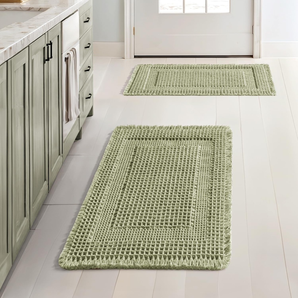 image:imageMIULEE Fall Terracotta Set of 2 Waffle Bathroom Rugs Boho Bath Mat 17x24 in Looped Design Super Absorbent Non Slip Washable Ultra Soft Rubber Backed Bathroom Mats for Floor Tub Shower Fall decorSage Green