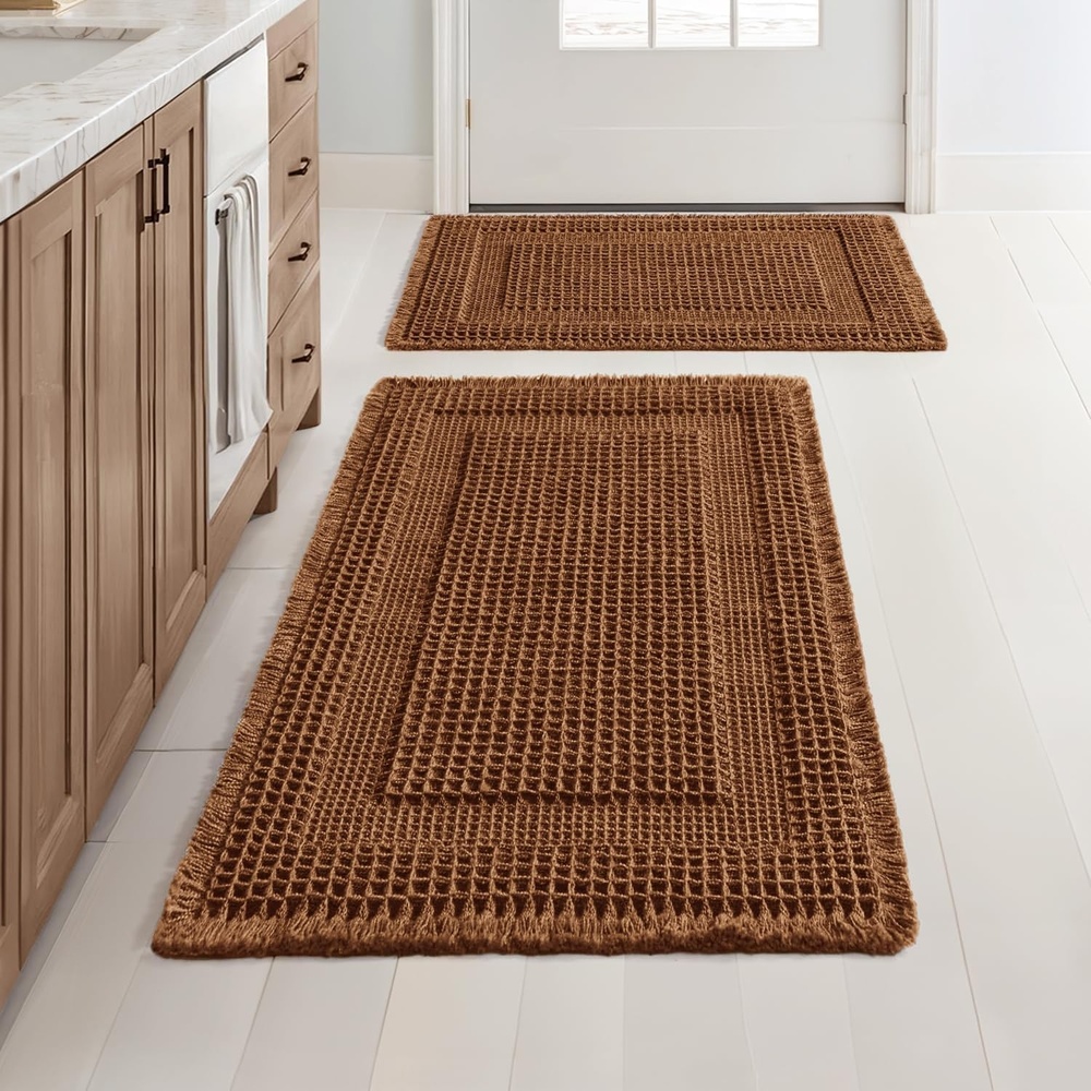 image:imageMIULEE Fall Terracotta Set of 2 Waffle Bathroom Rugs Boho Bath Mat 17x24 in Looped Design Super Absorbent Non Slip Washable Ultra Soft Rubber Backed Bathroom Mats for Floor Tub Shower Fall decorCaramel