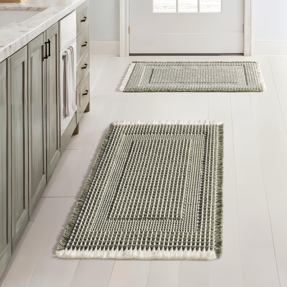 image:imageMIULEE Fall Terracotta Set of 2 Waffle Bathroom Rugs Boho Bath Mat 17x24 in Looped Design Super Absorbent Non Slip Washable Ultra Soft Rubber Backed Bathroom Mats for Floor Tub Shower Fall decorGreen Cream