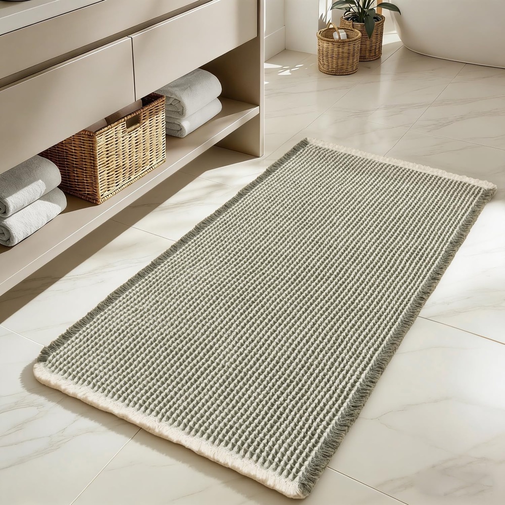 image:imageMIULEE Waffle Bathroom Runner Rugs Boho Large Bath Mat 2x524x60 Green Super Absorbent Non Slip Upgraded Soft Quick Dry Washable Bath Rug with Tassels for Hallway Laundry Room BedroomGreen Cream