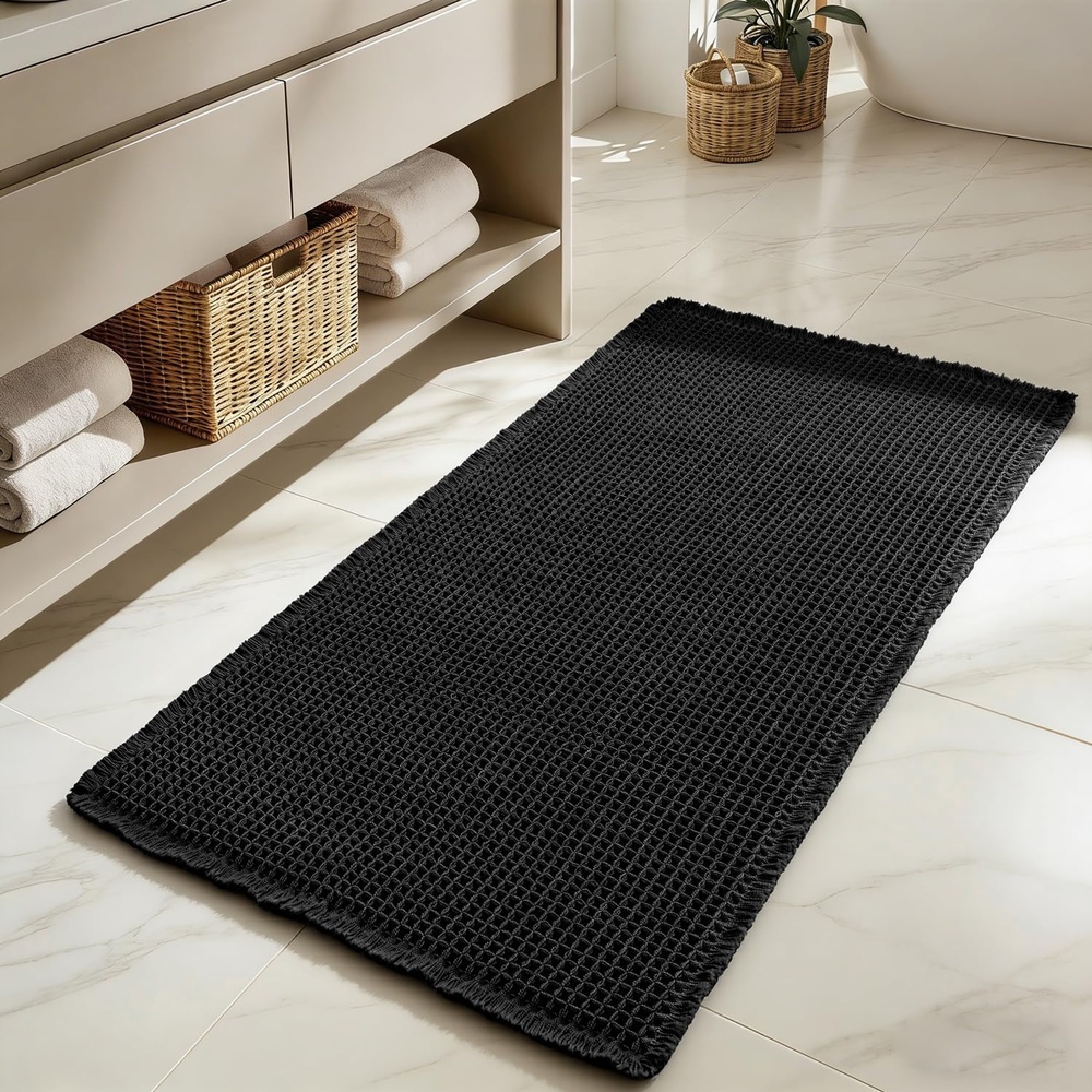 image:imageMIULEE Waffle Bathroom Runner Rugs Boho Large Bath Mat 2x524x60 Green Super Absorbent Non Slip Upgraded Soft Quick Dry Washable Bath Rug with Tassels for Hallway Laundry Room BedroomBlack